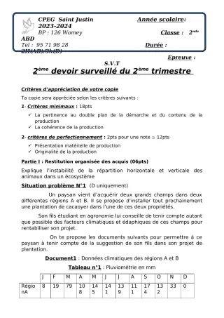 Première page de SVT 2nde A2, 2nde B, 2nde C, 2nde D — Devoir surveillé, 2e trimestre (2023-2024) · CPEG SAINT Justin
