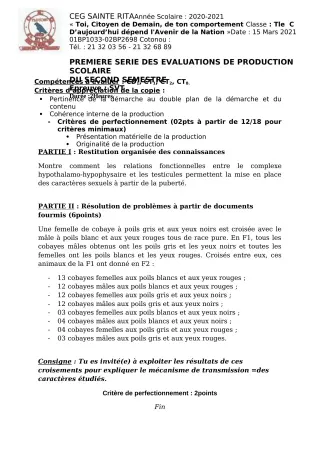 Première page de SVT Tle C — Production scolaire (2020-2021) · CEG Sainte Rita