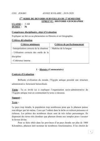 Première page de Histoire-Géographie 2nde A, 2nde A1, 2nde A2, 2nde B — 1er devoir surveillé, 2e semestre (2019-2020) · CEG ZOGBO