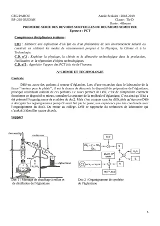 Première page de PCT Tle D — 1er devoir surveillé, 2e semestre (2018-2019) · CEG PAHOU