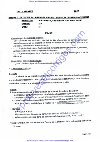 Première page de Épreuve de PCT – BEPC 2025 – Remplacement – Bénin – Carbure de calcium, levage mécanique et détecteur électrique