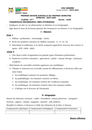 Première page de Histoire-Géographie 6e — 1er devoir surveillé, 1er semestre (2023-2024) · CEG SEKERE