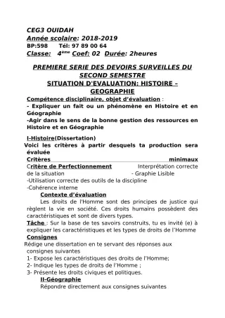 Première page de Histoire-Géographie 4e, 4e ML — 1er devoir surveillé, 2e semestre (2018-2019) · CEG3 OUIDAH