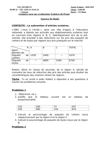 Première page de Mathématiques 2nde A2, 2nde B — 1re production scolaire, 1er semestre (2020-2021) · CEG SEGBEYA