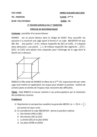 Première page de Mathématiques 2nde D — 1er devoir surveillé, 1er semestre (2023-2024) · CEG Yagbe