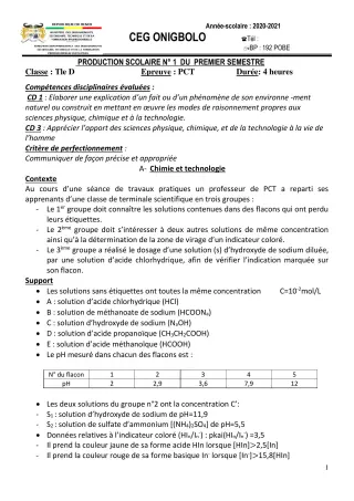 Première page de PCT Tle D — Production scolaire, 1er semestre (2020-2021) · CEG ONIGBOLO