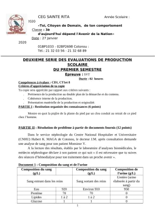 Première page de SVT 3e, 3e ML — Production scolaire, 1er semestre (2019-2020) · CEG Sainte Rita