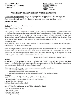 Première page de Allemand 3e ML — 1er devoir surveillé, 1er semestre (2020-2021) · CEG LE NOKOUE