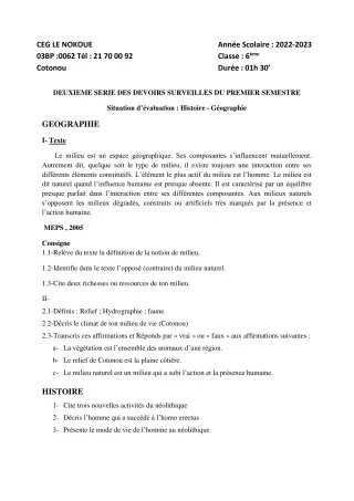 Première page de Histoire-Géographie 6e — 2e devoir surveillé, 1er semestre (2022-2023) · CEG LE NOKOUE