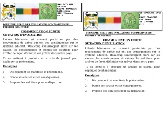 Première page de Français 3e, 3e ML — 2e évaluation sommative, 1er semestre (2019-2020) · CEG GBESSOU