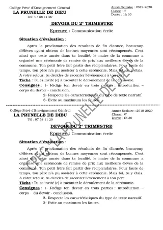 Première page de Français 6e — Devoir surveillé, 2e trimestre (2019-2020) · CEPG La Prunelle de Dieu
