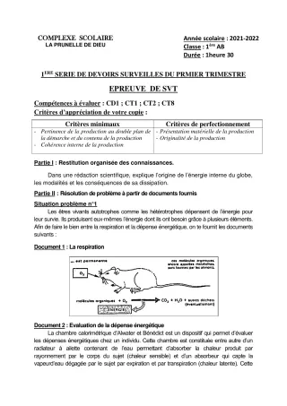 Première page de SVT 1ère B — 1er devoir surveillé (2021-2022) · CEPG La Prunelle de Dieu