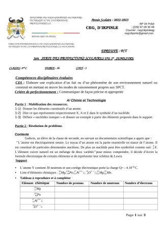 Première page de PCT 2nde C — 1re production scolaire, 1er semestre (2022-2023) · CEG1 Ikpinlè