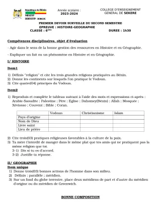Première page de Histoire-Géographie 6e — 1er devoir surveillé, 2e semestre (2023-2024) · CEG SEKERE
