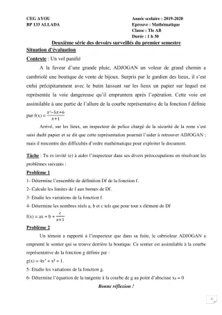 Première page de Mathématiques Tle A & B — 2e devoir surveillé, 1er semestre (2019-2020) · CEG AYOU