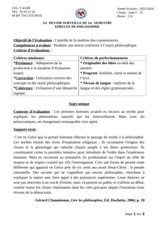 Première page de Philosophie 2nde C, 2nde D — 1er devoir surveillé, 1er semestre (2023-2024) · CEG Yagbe