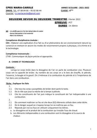 Première page de PCT 6e — 2e devoir surveillé, 2e trimestre (2021-2022) · CPEG MARIA-CAROLE