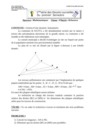 Première page de Mathématiques 3e, 3e ML, 2nde A & B, 2nde C, 2nde D, 1ère A, 1ère B, 1ère C, 1ère D, Tle A2, Tle B, Tle C, Tle D — Devoir surveillé, 1er semestre (2018-2019) · CEG Sainte Rita