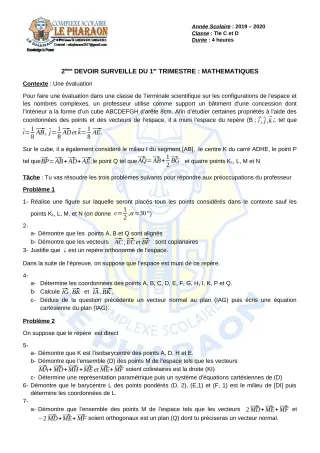 Première page de Mathématiques Tle C, Tle D — 2e devoir surveillé, 1er trimestre (2019-2020) · CPEG LE PHARAON