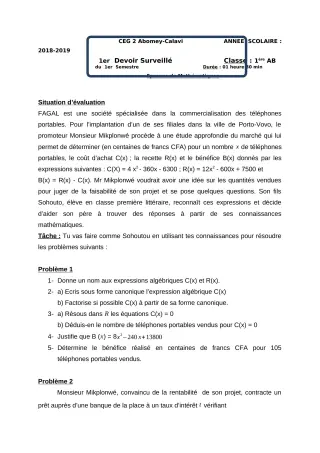 Première page de Mathématiques 1ère A1, 1ère A2, 1ère B — 1er devoir surveillé, 1er semestre (2018-2019) · CEG2 ABOMEY - CALAVI (CEG ZOCA)