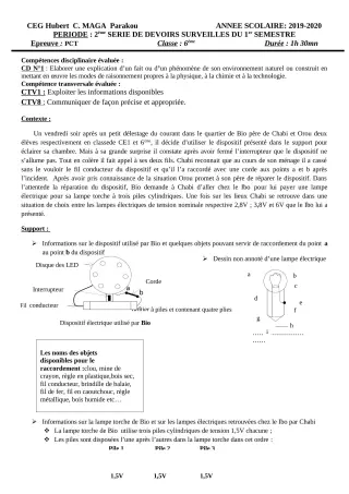 Première page de PCT 6e — 2e devoir surveillé, 1er semestre (2019-2020) · CEG Hubert C. MAGA