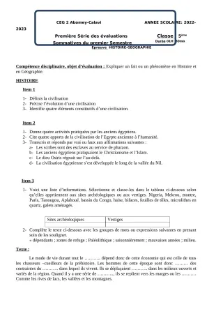 Première page de Histoire-Géographie 5e — 1re évaluation sommative, 1er semestre (2022-2023) · CEG2 ABOMEY - CALAVI (CEG ZOCA)