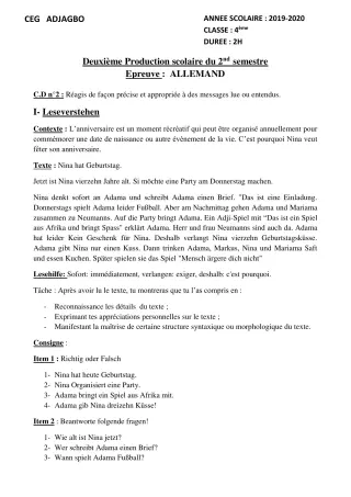 Première page de Allemand 4e, 4e ML — 2e production scolaire, 2e semestre (2019-2020) · CEG ADJAGBO