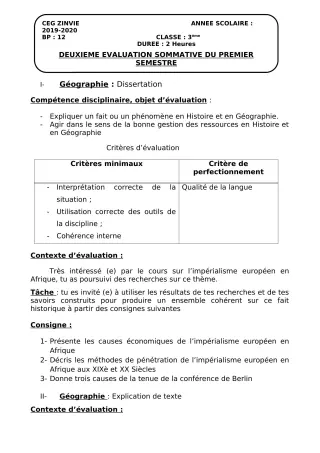 Première page de Histoire-Géographie 3e, 3e ML — 2e évaluation sommative, 1er semestre (2019-2020) · CEG Zinvié