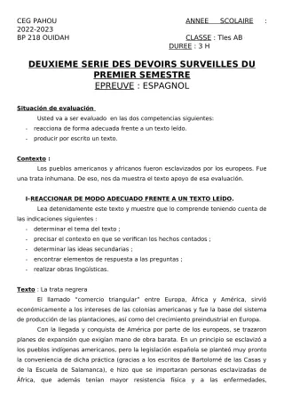 Première page de Espagnol Tle A2, Tle B — 2e devoir surveillé, 1er semestre (2022-2023) · CEG PAHOU