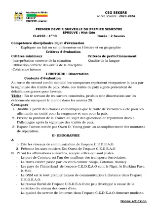 Première page de Histoire-Géographie 1ère D — 1er devoir surveillé, 1er semestre (2023-2024) · CEG SEKERE