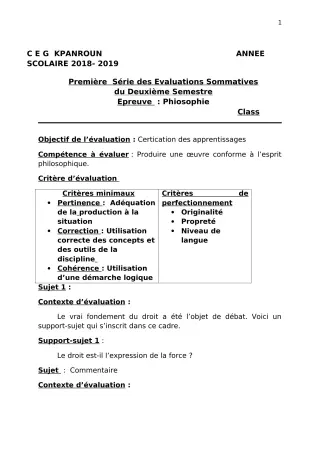Première page de Philosophie 1ère A — 1re évaluation sommative, 2e semestre (2018-2019) · CEG Kpanroun