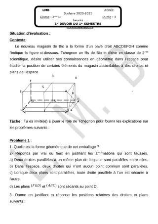 Première page de Mathématiques 2nde D — 1er devoir surveillé, 1er semestre (2020-2021) · LMB