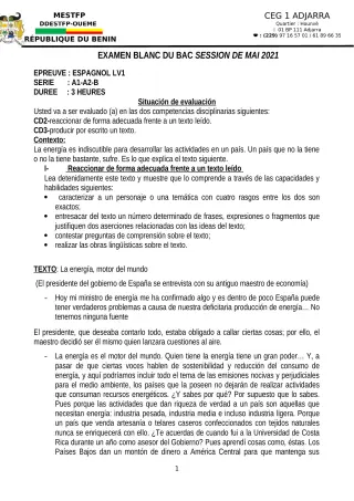 Première page de Examen Blanc de ESPAGNOL — Tle A & B, Tle A1, Tle A2, Tle B — CEG1 Adjarra (2020)