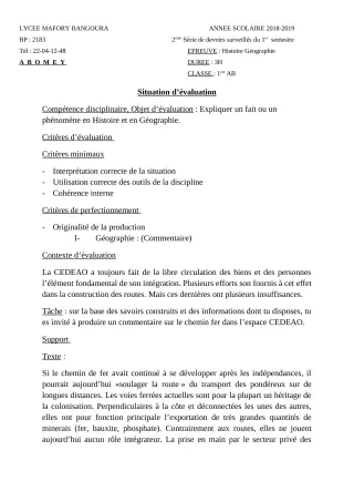 Première page de Histoire-Géographie 1ère A & B — 2e devoir surveillé, 1er semestre (2018-2019) · Lycée Houegbadja d'Abomey (Ex Mafory Bangoura)