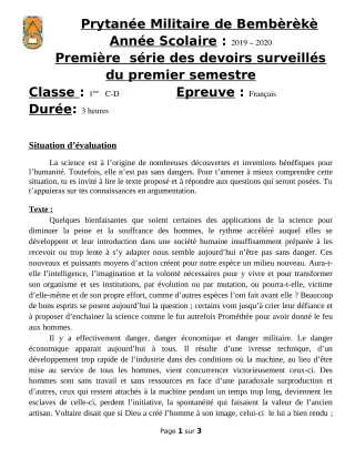 Première page de Français 1ère C, 1ère D — 1er devoir surveillé, 1er semestre (2019-2020) · PMB