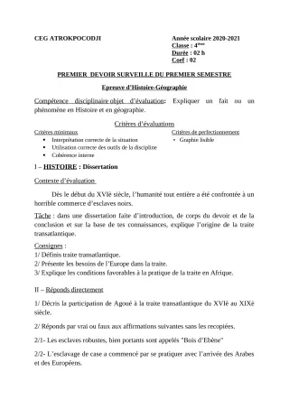 Première page de Histoire-Géographie 4e — 1er devoir surveillé, 1er semestre (2020-2021) · CEG ATROKPOCODJI