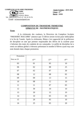 Première page de Mathématiques 6e — Composition, 3e trimestre (2019-2020) · CPEG Frédéric Macaire