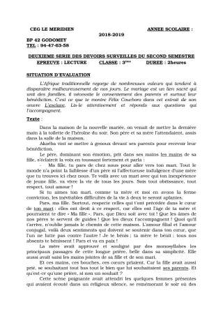 Première page de Français 3e, 3e ML — 2e devoir surveillé, 2e semestre (2018-2019) · CEG Le Méridien