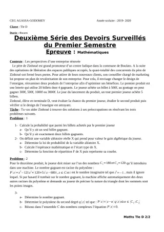 Première page de Mathématiques Tle D — 2e devoir surveillé, 1er semestre (2019-2020) · CEG Agassa Godomey
