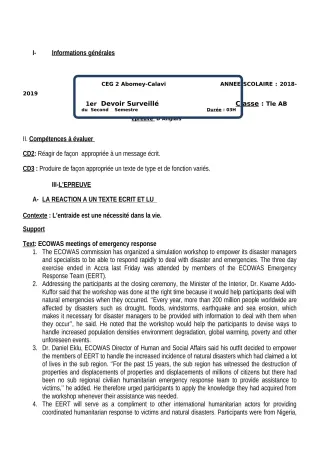 Première page de Anglais Tle A1, Tle A2, Tle B — 1er devoir surveillé, 2e semestre (2018-2019) · CEG2 ABOMEY - CALAVI (CEG ZOCA)