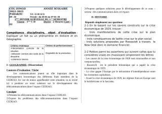 Première page de Histoire-Géographie 1ère C, 1ère D — 2e devoir surveillé, 1er semestre (2022-2023) · CEG ZONGO