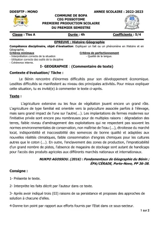 Première page de Histoire-Géographie Tle A2 — 1re production scolaire, 1er semestre (2022-2023) · CEG POSSOTOME