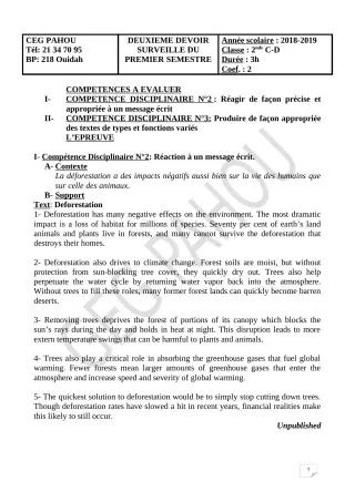 Première page de Anglais 2nde C, 2nde D — 2e devoir surveillé, 1er semestre (2018-2019) · CEG PAHOU