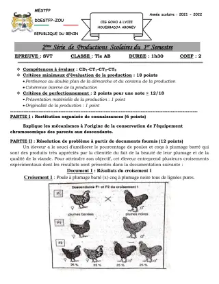 Première page de SVT Tle A2 — 2e production scolaire, 1er semestre (2021-2022) · CEG GOHO