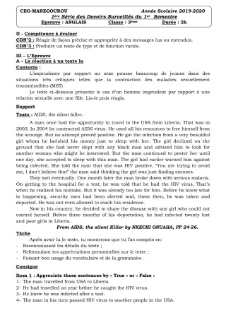 Première page de Anglais 3e, 3e ML — 1er devoir surveillé (2019-2020) · CEG MAREGOUROU