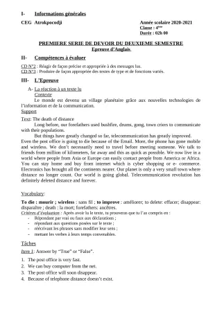 Première page de Anglais 4e — 1er devoir surveillé, 2e semestre (2020-2021) · CEG ATROKPOCODJI