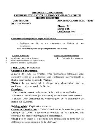 Première page de Histoire-Géographie 3e, 3e ML — 1re production scolaire, 2e semestre (2020-2021) · CEG SEHOUE