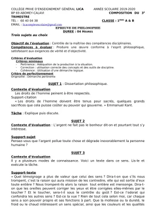Première page de Philosophie 1ère A2, 1ère B — 1re composition, 3e trimestre (2019-2020) · CPEG LICA