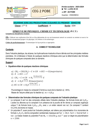 Première page de PCT 1ère D — 2e production scolaire, 1er semestre (2023-2024) · CEG 2 Pobè