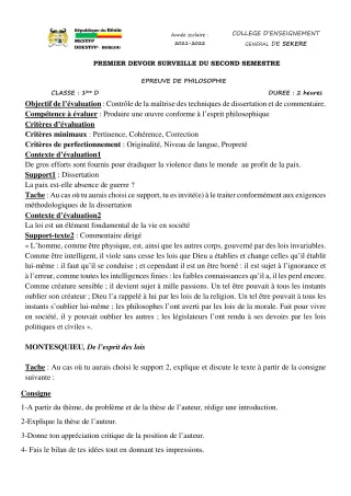 Première page de Philosophie 1ère D — 1er devoir surveillé, 2e semestre (2021-2022) · CEG SEKERE